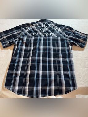 Affliction Black Plaid Button-Down Shirt with Blue and White Stripes